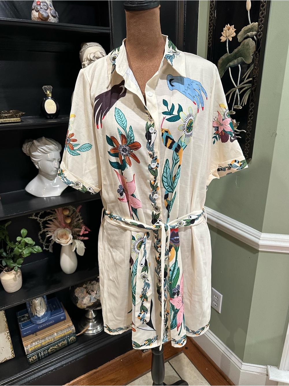 Linen Blend Tropical Bird Print Shirt Dress Belted Safari Midi Dress Size Large